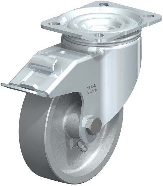 Blickle LIK-G 125G-1-FI Hitzebeständige Stahlblech-Lenkrolle mit Anschraubplatte & Feststeller, Guss, Grau, 763587