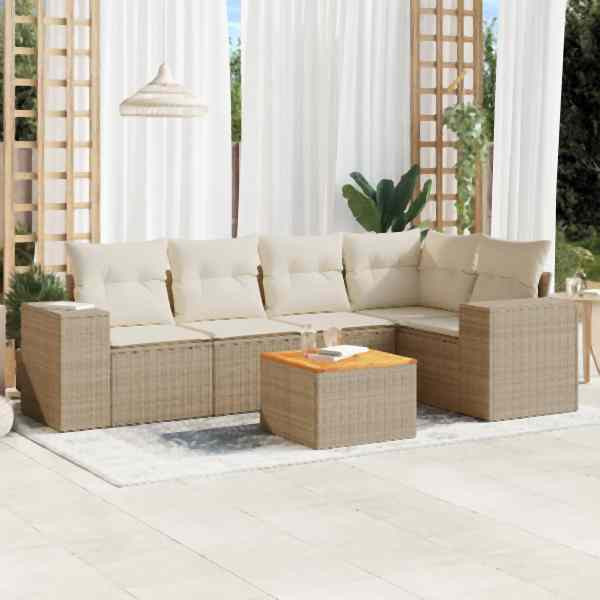 vidaXL 6-tlg. Garten-Sofagarnitur mit Kissen Beige Poly Rattan, UV-beständig, 3257766