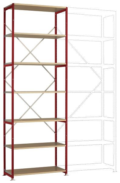Manuflex Schweres Fachboden-Steckregal Grundregal mit 7 Holzverbundböden, HxBxT = 3000 x 1030 x 800 mm, rubinrot, RP1615.3003