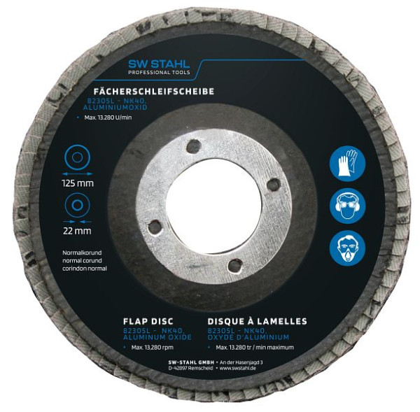 SW-Stahl Fächerschleifscheibe, Aluminiumoxid, 125 mm, NK40, VE: 10 Stück, 82305L