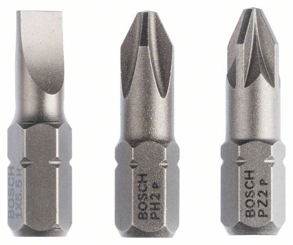 Bosch Schrauberbit-Set Extra-Hart (gemischt), 3-teilig, S 1,0x5,5, PH2, PZ2, 25 mm, VE: 5 Stück, 2607001766