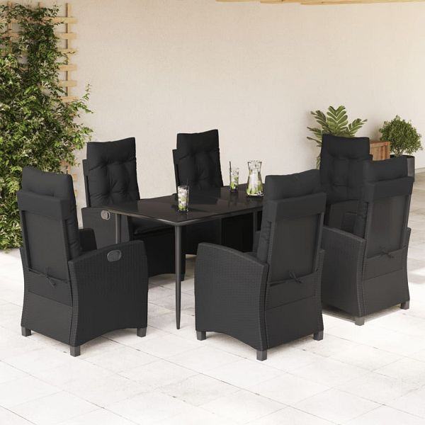 vidaXL 7-teilig Garten-Essgruppe mit Kissen Schwarz Poly Rattan, 3212748