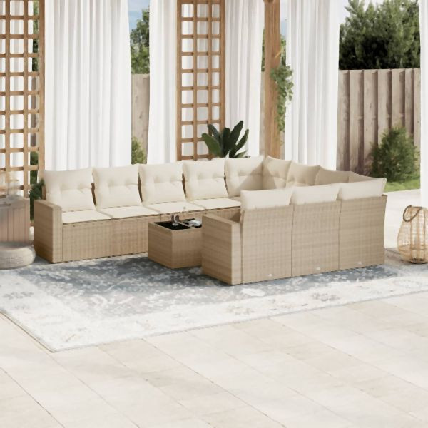 vidaXL 11-tlg. Garten-Sofagarnitur mit Kissen Beige Poly Rattan, 3219488
