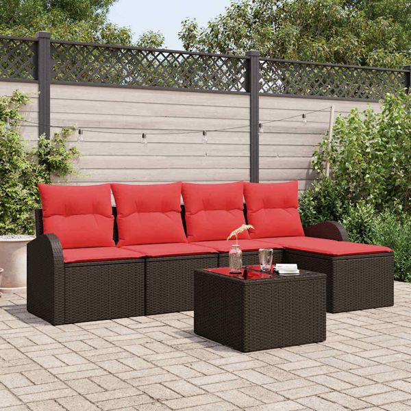 vidaXL Sofa Set mit Kissen 6-teilig Braun und Rot Poly-Rattan, 3354683