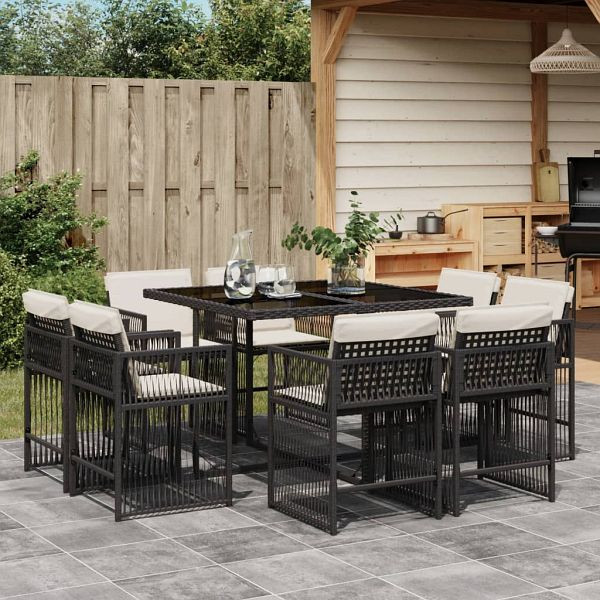 vidaXL 9-tlg. Garten-Essgruppe mit Kissen Schwarz Poly Rattan, 3211734