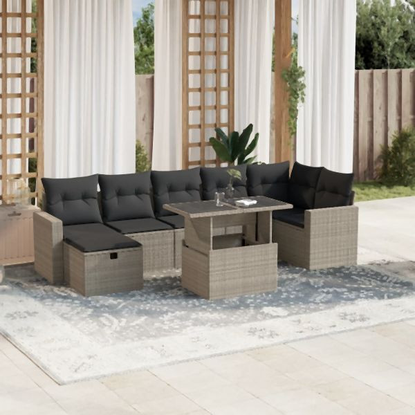 vidaXL 8-tlg. Garten-Sofagarnitur mit Kissen Hellgrau Poly Rattan, 3274832