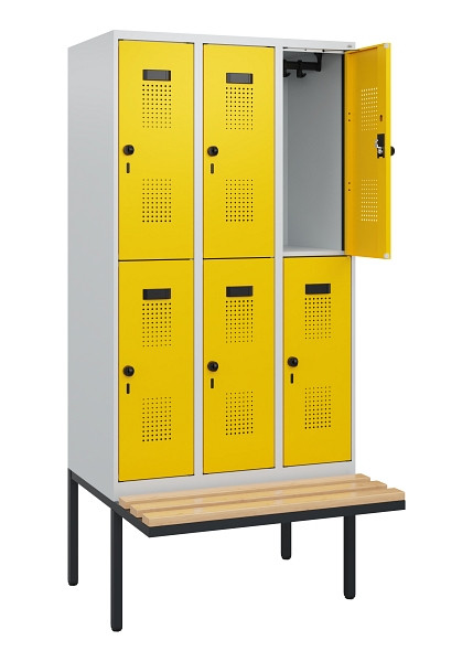 C+P Doppelstock-Spind Evolo PLUS, Bank, 6 Fächer, 1950x900x815mm, 7035/1023, Drehriegel, Sitzfläche Buche-Hartholz, 0493405-30 S10001