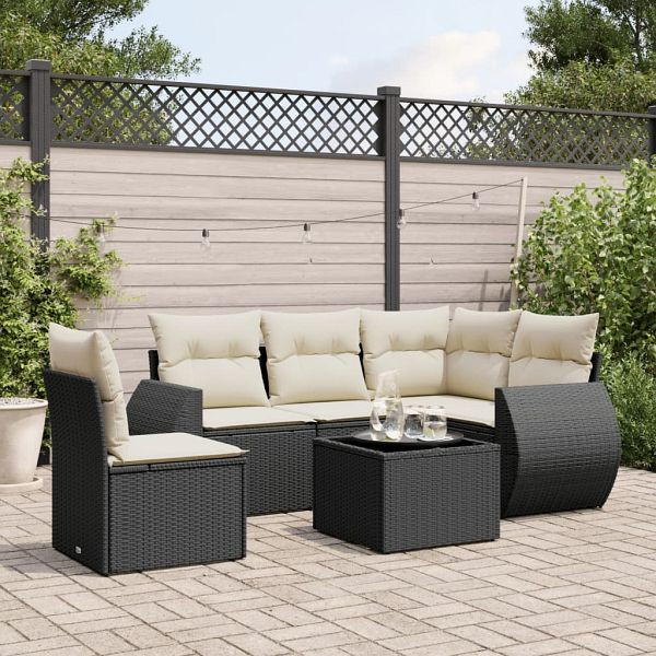 vidaXL 6-teilig Garten-Sofagarnitur mit Kissen Schwarz Poly Rattan, 3253713