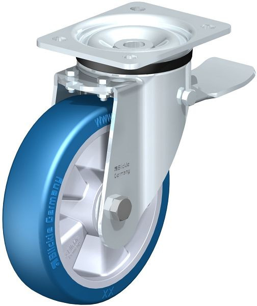 Blickle LK-ALBS 180K-ST Stahlblech-Lenkrolle, schwere Ausführung, mit Anschraubplatte & Feststeller, Blickle Besthane® Soft, Blau, 852448