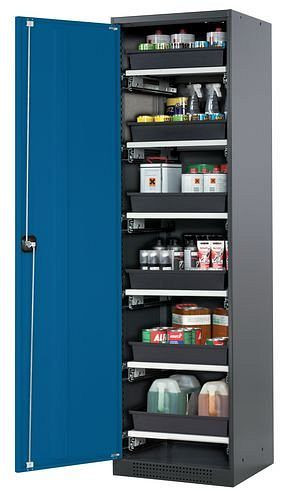 asecos Chemikalienschrank Systema-T CS-56L, Korpus anthrazit, Flügeltüren blau, 6 Tablarauszüge, 209062