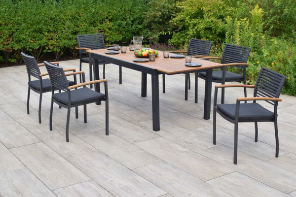 Merxx Parella Set 7-teilig, 6 Stapelsessel, 1 Ausziehtisch 150 (200) x 90 cm, Tischplatte aus Kunststoff in realistischer Holzoptik, 51129-309