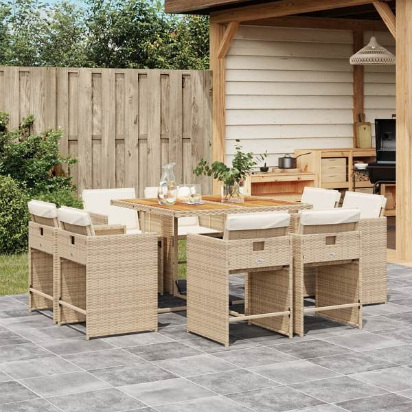 vidaXL 9-tlg. Garten-Essgruppe mit Kissen Beige Poly Rattan, UV-beständig, 3277971