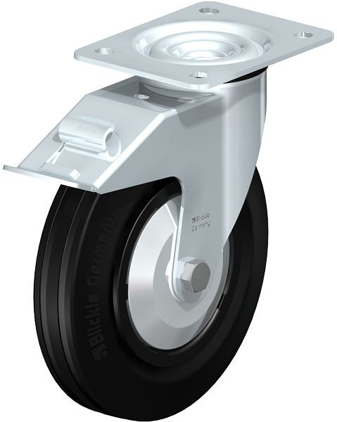 Blickle LE-VPP 200R-FI-FA Stahlblech-Lenkrolle mit Anschraubplatte & Feststeller, Vollgummi, Schwarz, 684167