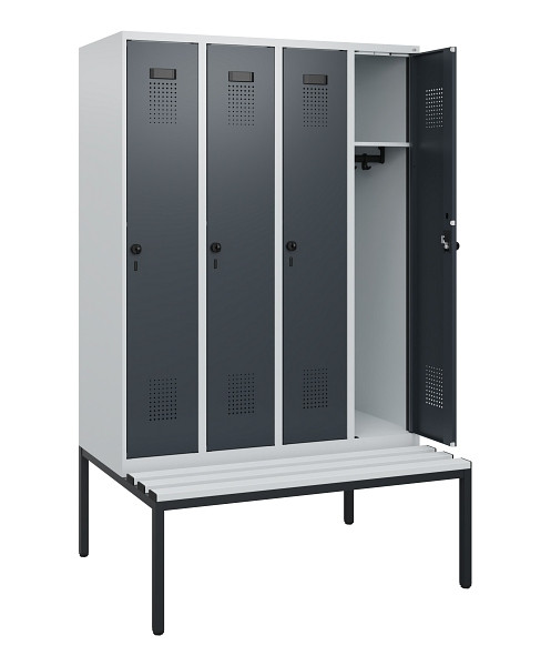 C+P Spind Evolo PLUS, 4 Abteile, 1950x1200x815mm, 7035/7016, Drehriegel, Sitzfläche Kunststoff, Sitzbank, 0490505-40 S10066