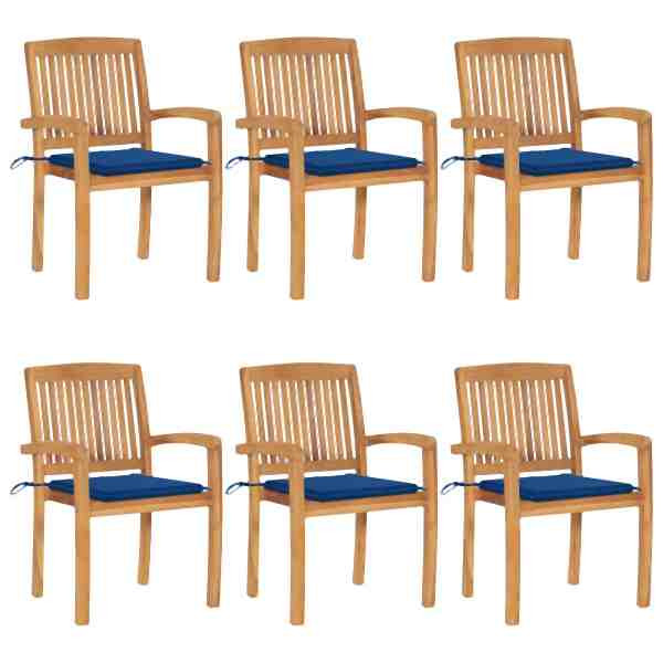 vidaXL Stapelbare Gartenstühle mit Kissen 6 Stück Massivholz Teak, 3073235