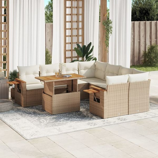 vidaXL 9-teilig Garten-Sofagarnitur mit Kissen Beige Poly Rattan, 3273445