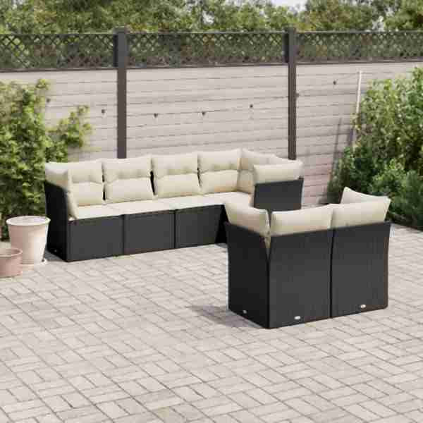 vidaXL 7-tlg. Garten-Sofagarnitur mit Kissen Schwarz Poly Rattan, UV-beständig, 3249735