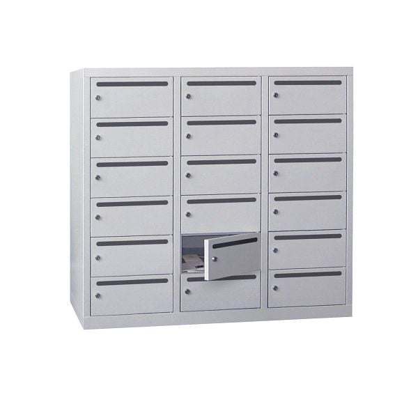 Pavoy Schließfach-Hängeschrank 1087/500/1200, 3b x 6h, Zylinder, Abteilbreite 400 mm, Briefschlitz 20 mm, Winkelschiene, 61213-364-941-910
