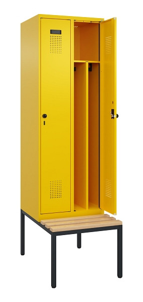 C+P Spind Evolo PLUS, 2 Abteile, 2120x600x815mm, 1023/1023, Drehriegel, Sitzfläche Buche-Hartholz, Sitzbank, 0490507-20F S10022
