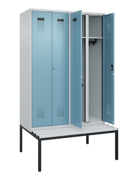 C+P Schwarz-Weiß-Spind Evolo PLUS, Bank, 4 Abteile, 2120x1200x815mm, 7035/0010, Zylinderschloss, Sitzfläche Kunststoff, Sitzbank, 0490527-40 S10090