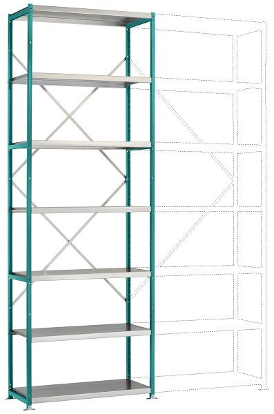 Manuflex Mittelschweres Fachboden-Steck-Grundregal mit 7 Stahlböden, HxBxT = 3000 x 1030 x 300 mm, wasserblau, RP1617.5021