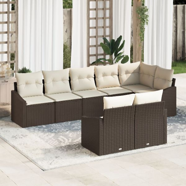vidaXL 8-teiliges Garten-Essensemble mit Kissen Braun Poly Rattan, 3355437