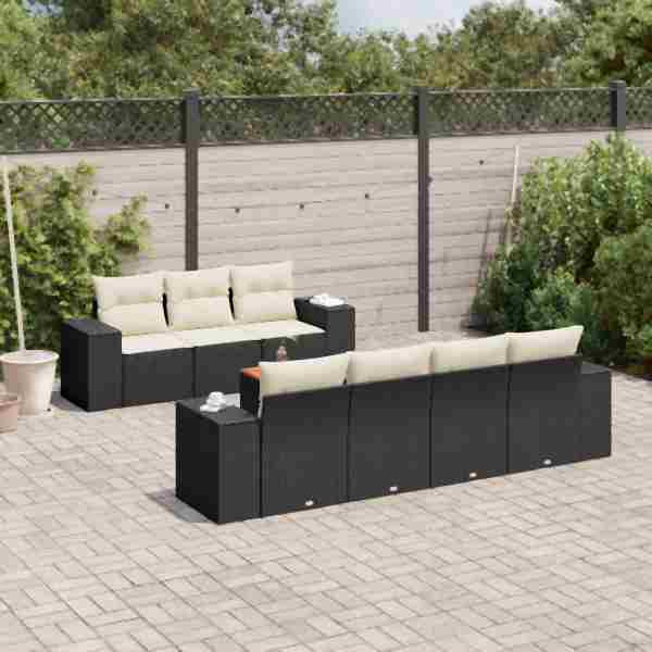 vidaXL 8-tlg. Garten-Sofagarnitur mit Kissen Schwarz Poly Rattan, UV-beständig, 3225349