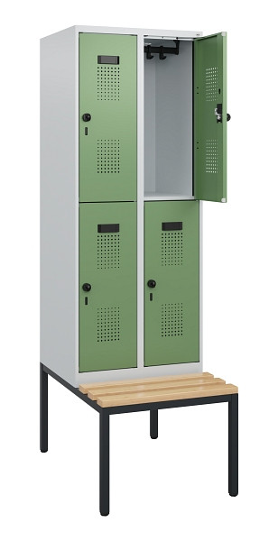C+P Doppelstöckiger Spind Evolo PLUS, Bank, 4 Fächer, 1950x600x815mm, 7035/6011, Drehriegel, Sitzfläche Buche-Hartholz, Sitzbank, 0493505-20 S10010