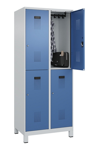 C+P Doppelstöckiger Spind Evolo PLUS, mit Füßen, 4 Fächer, 1950x800x500mm, 7035, Frontfarbe RAL 5023 Fernblau, Zylinderschloss, 049310-22 S10035