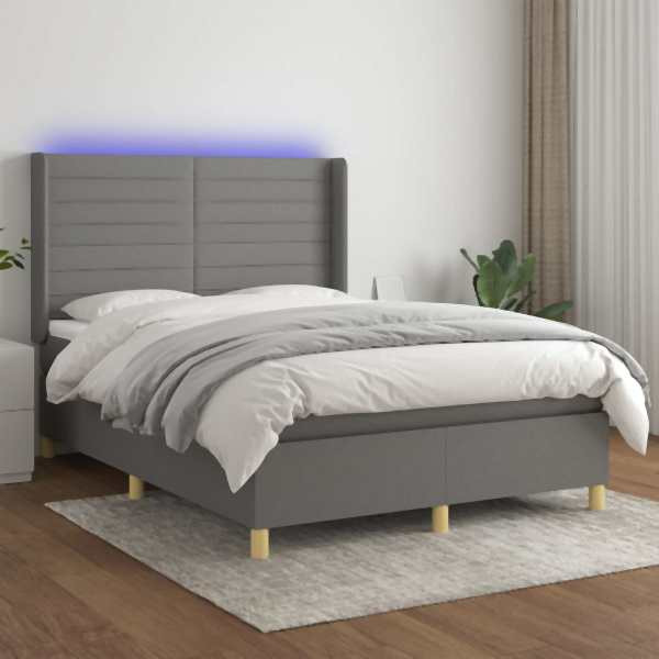 vidaXL Boxspringbett mit Matratze & LED Dunkelgrau 140x190 cm Stoff, 3138950