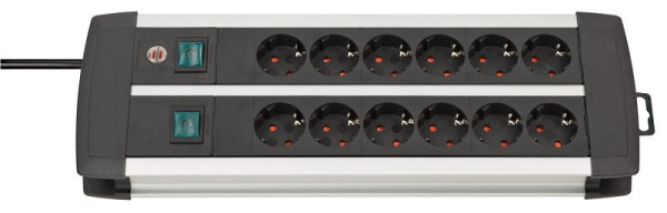 Brennenstuhl Premium-Alu-Line, Steckdosenleiste 12-fach, Aluminium (2 Schalter für 6 Steckdosen und 3m Kabel) silber/schwarz, 1391000912
