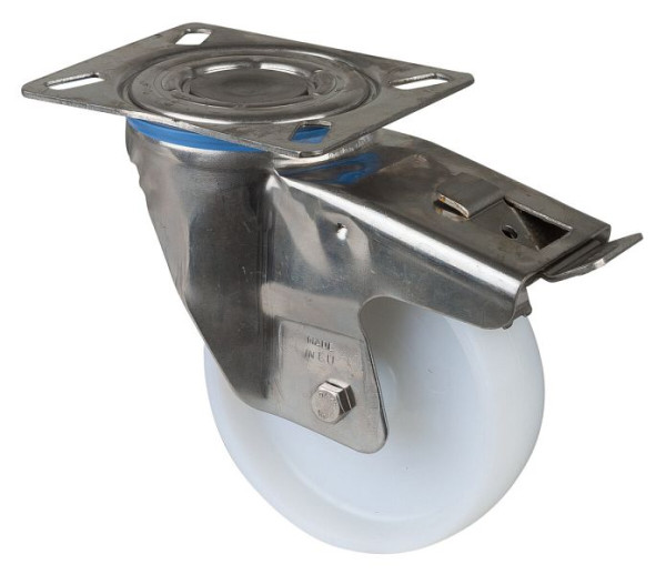BS Rollen Edelstahl Transportrolle mit Feststeller, Breite 37,5 mm, Ø125 mm, bis 250 kg, Lauffläche/Radkörper Kunststoff, Gleitlager, Platte, H120.A90.126