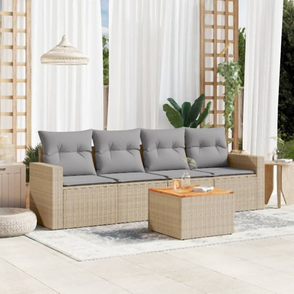 vidaXL 5-tlg. Garten-Sofagarnitur mit Kissen Beige Poly Rattan, 3256332
