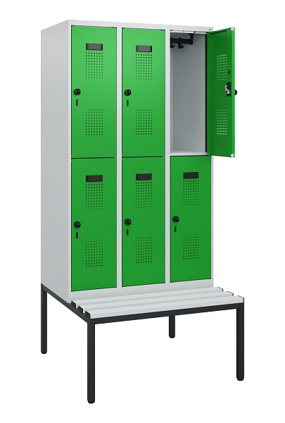 C+P Doppelstöckiger Spind Evolo PLUS, Bank, 6 Fächer, 1950x900x815mm, 7035/6037, Drehriegel, Sitzfläche Kunststoff, Sitzbank, 0493505-30 S10103
