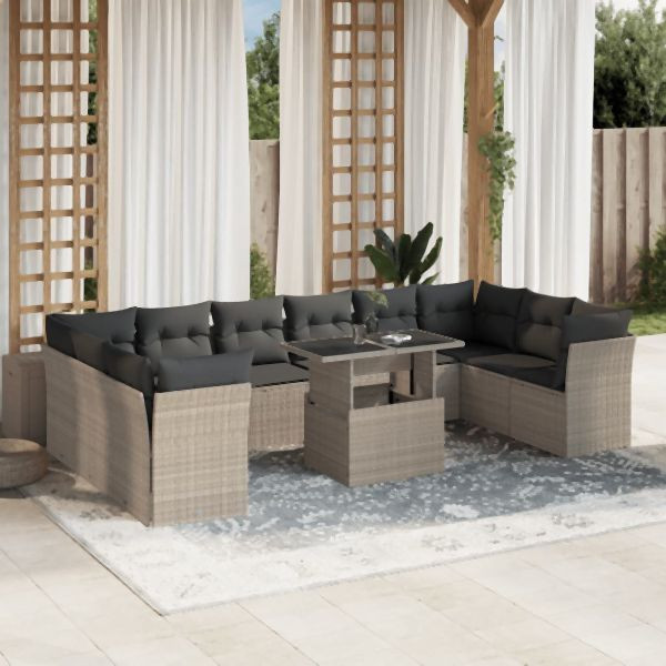 vidaXL 11-tlg. Garten-Sofagarnitur mit Kissen Hellgrau Poly Rattan, 3266862