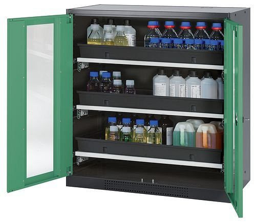 asecos Chemikalienschrank Systema-T CS-103G, Korpus anthrazit, Flügeltüren grün, 3 Tablarauszüge, 208828