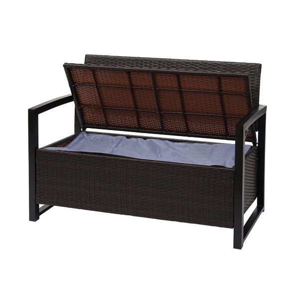 Mendler Poly-Rattan 2er Sitzbank HWC-F39, Gartenbank Truhenbank, Staufach Aufbewahrung Sitzkissen, braun, Kissen grün, 69571