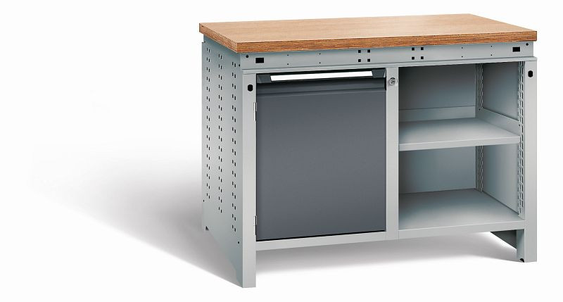 Otto Kind Werkbank Serie function Typ 210, Multiplexplatte 40 mm, bündig, 2x Unterbau, Gehäuse RAL 9006, Front RAL 7016, 07234014S