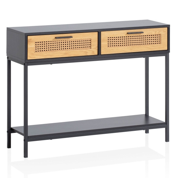 Wohnling Konsolentisch Schwarz 100x30x75 cm Design Anrichte Flur, Ablagetisch Schmal mit Wiener Geflecht, Flurtisch mit Schubladen und Ablage, WL6.827