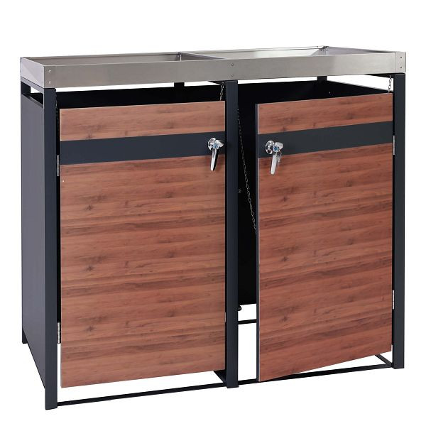 Mendler 2er Mülltonnenverkleidung mit Pflanzkasten HWC-J82, erweiterbar, Metall 59kg, anthrazit, Kirsche-Holzoptik dunkelbraun, 101341+101342