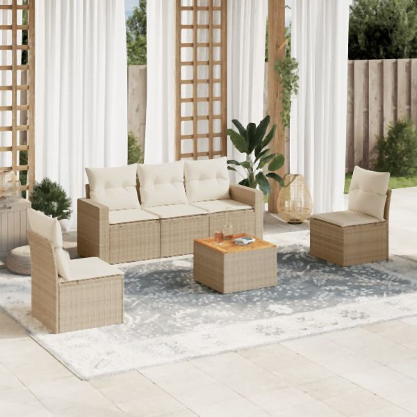 vidaXL 6-tlg. Garten-Sofagarnitur mit Kissen Beige Poly Rattan, 3256394