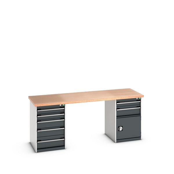 bott cubio Werkbank mit 2 Schubladenschränken 7 Schubladen, 1 Tür, Multiplex-Platte, BxTxH: 2000x750x840mm, Multiplex RAL 7035/7016, 41003241.19V