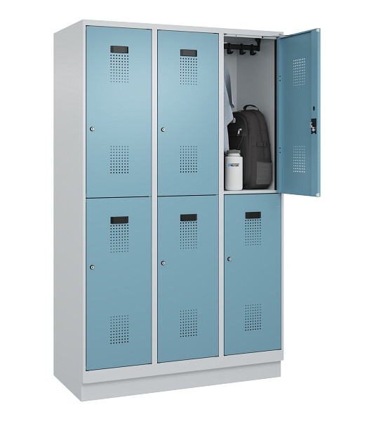 C+P Doppelstöckiger Spind Evolo PLUS, mit Sockel, 6 Fächer, 1950x1200x500mm, 703, Frontfarbe 2406015 RDS Architekturblau, Zylinderschloss, 049320-32 S10036