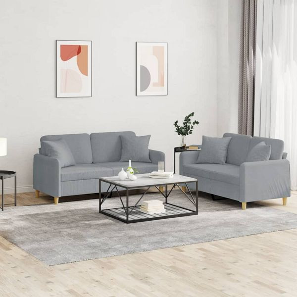 vidaXL 2-teilig Sofagarnitur mit Kissen Hellgrau Stoff, 3202102