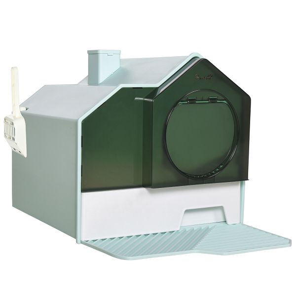 PawHut Katzentoilette Katzenklo, Hütten-Design, 1 Siebvorleger, 1 Streuschaufel, herausnehmbare Bodenwanne, Grün + Weiß, D31-077V00LB