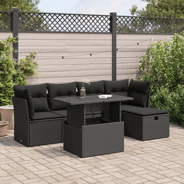 vidaXL 6-tlg. Garten-Sofagarnitur mit Kissen Schwarz Poly Rattan, 3326136