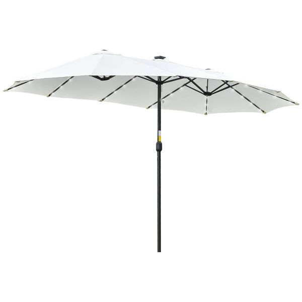 Outsunny Sonnenschirm mit LED Solar 4,5m Doppelsonnenschirm Gartenschirm Marktschirm Terrassenschirm Oval Schwarz+Cremeweiß, 84D-178CW