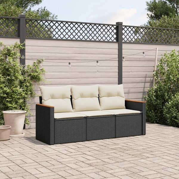 vidaXL 3-teilig Garten-Sofagarnitur mit Kissen Schwarz Poly Rattan, 3225755