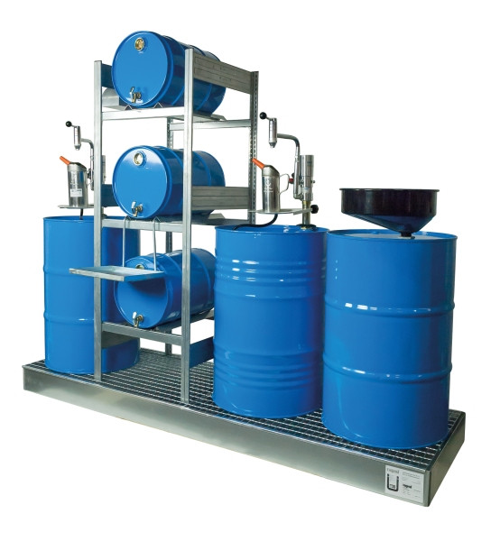 Rapid Abfüllplatz mit Auffangwanne für 3x 60 l + 3x 200 l, inkl. 2 x pneumatischer Ölpumpe und Kannenstellfläche, 25 084