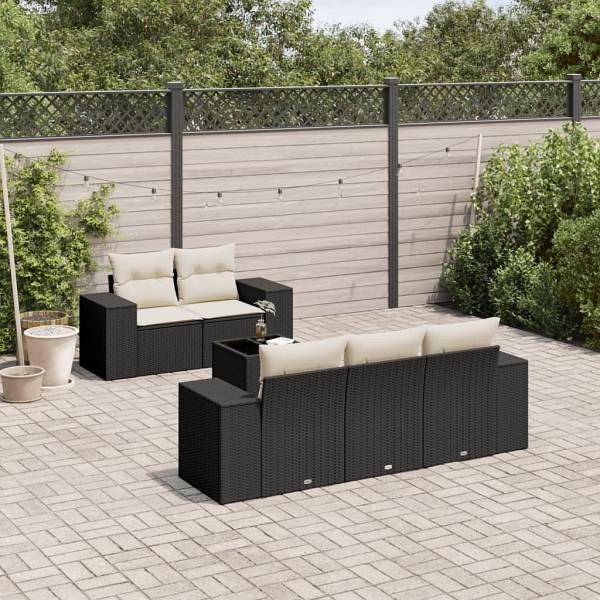vidaXL 6-tlg. Garten-Sofagarnitur mit Kissen Schwarz Poly Rattan, UV-beständig, 3222295